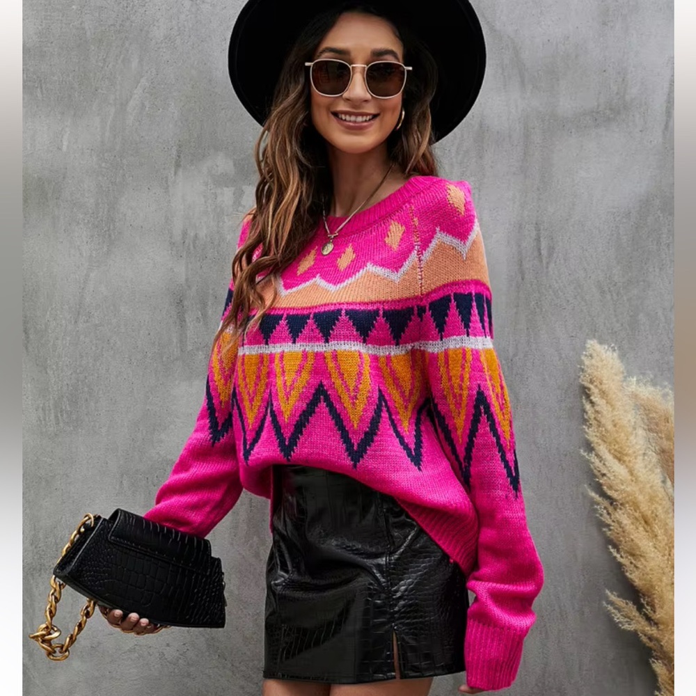 a new day Hot Pink Fair Isle Crewneck Sweater with Navy & Mustard Accents